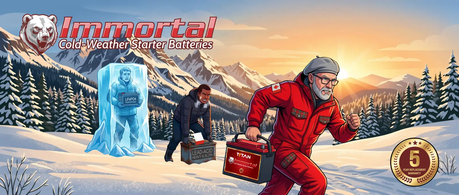 Titan LTO starter battery illustration, showing a person frozen in ice, another person struggling with lead-acid battery and a woman running with a lightweight LTO Cold-weather battery